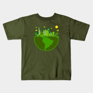 green eco city landscape over a half earth globe Kids T-Shirt